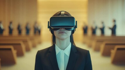 A woman wearing a VR headset in a courtroom setting, possibly for evidence or testimony - Powered by Adobe