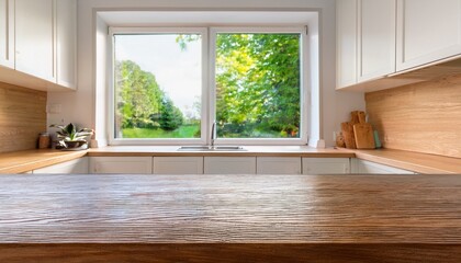 empty wooden counter top in kitchen with white cabinets and large window with a view of green trees