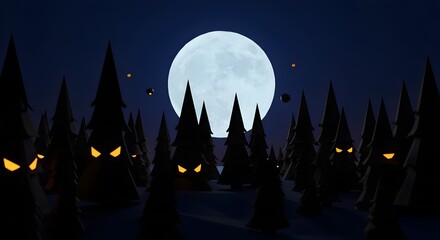  Haunted Cartoon Horror Forest with Full Moon and Glowing Eyes