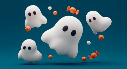 Obraz premium Playful Cartoon Ghosts with Halloween Candy