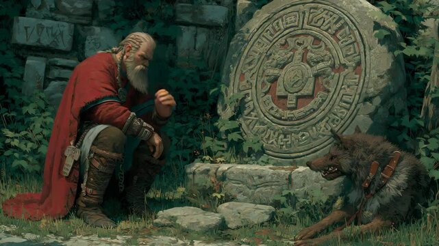 A wise Viking elder kneels by a carved rune stone, accompanied by a calm wolf, in a forested ruin.
