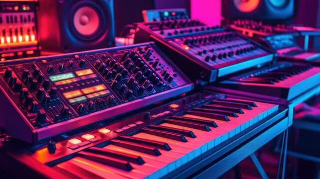 A collection of electronic keyboards arranged neatly on a table