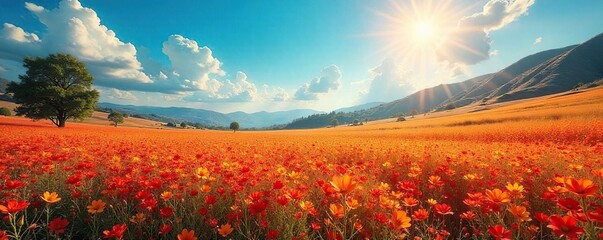 A vibrant summer scene overflowing with intense, fiery colors; sun-drenched landscape depicting the height of summer heat , summer solstice, landscape, scorched