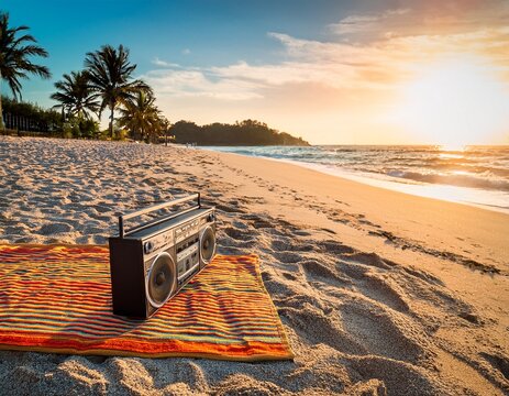 sandy beach with a boom box colorful towels palm shadows wideangle view golden hour lighting retro summer vibe