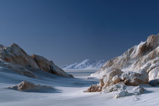snowy landscape with blue sky and snow-capped mountains