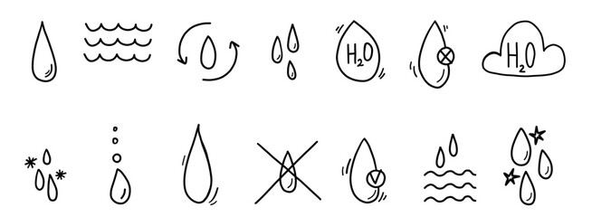 Water icons hand drawn set in doodle scribble style. Pure aqua resistant ecology drops. Clear Simple liquid minimalistic collection.