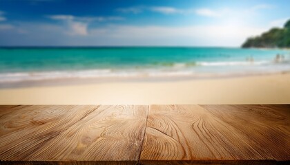 Fototapeta premium a serene beach scene with wooden table and blurred ocean background