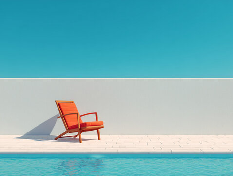 Red chair beside pool with blue wall background