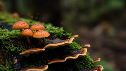Close up view of small orange mushrooms and shelf fungi growing on a mossy log in the forest scene - Powered by Adobe