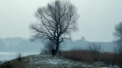 Solitary figure stands near bare tree on a misty riverbank with fog and low visibility during winter season. - Powered by Adobe