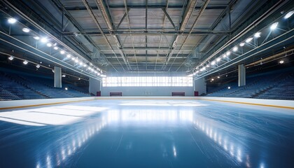 Obraz premium wide shot of empty ice rink with smooth reflective surface and bright overhead lights creating serene atmosphere