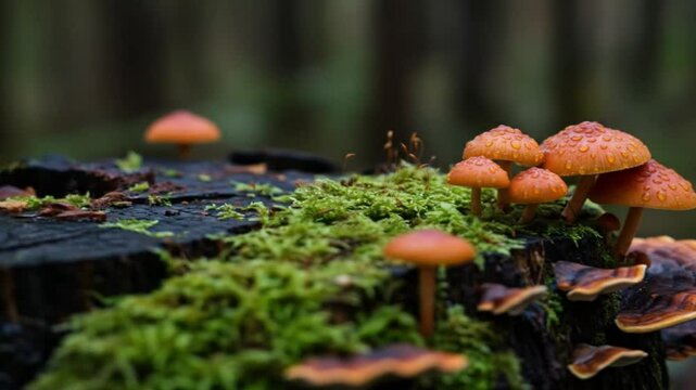 Orange mushrooms growing on a mossy tree stump with other fungi in a forest environment scene shot