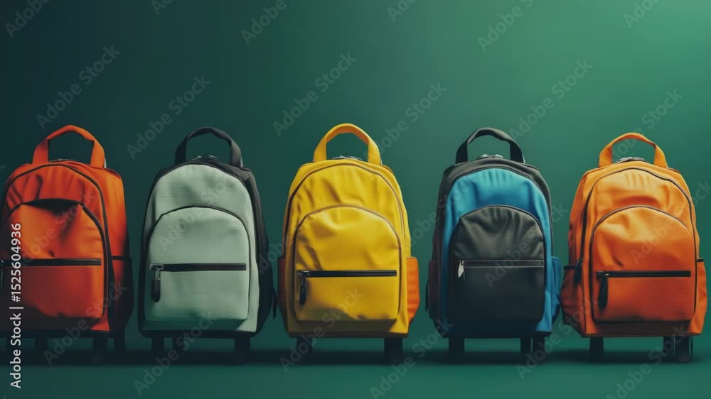 Poster A collection of colorful backpacks displayed neatly on a green surface