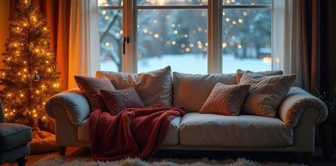 Cozy winter scene featuring a plush couch, warm blankets, and soft lighting, perfect for a relaxing evening Ideal for home, comfort, and seasonal themes , furniture, throw, knit