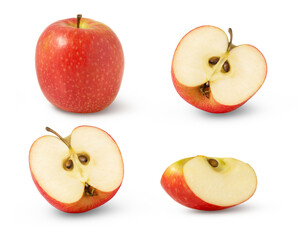 Red whole apple and two cuts in half with slice isolated on white background.