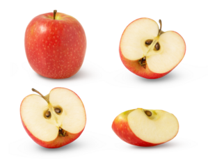Red whole apple and two cuts in half with slice isolated on white background.