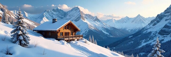 Cozy chalet nestled amidst snow-capped peaks, perfect for a mountain climbing adventure Imagine the stunning views from this idyllic retreat after a rewarding climb , scenery, vacation