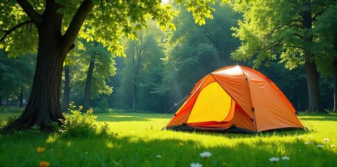 Sunny summer day at a tranquil campsite, lush green trees surround a picturesque tent pitched on soft grass, inviting atmosphere for outdoor adventures , leisure, woodland