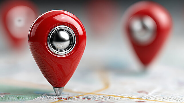 3D red map pointer pin icons set - glossy location markers with transparent shadows isolated on gray background. Shiny drop shaped navigation symbols for GPS, travel, delivery service apps UI design.