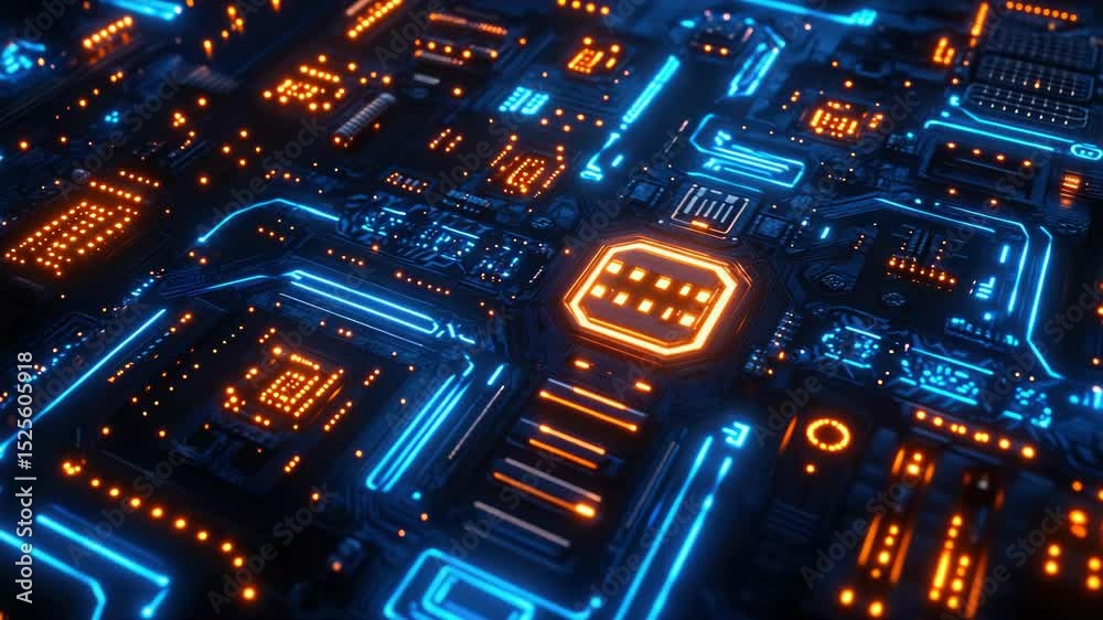 Poster a detailed view of electronic components and neon lighting on a circuit board