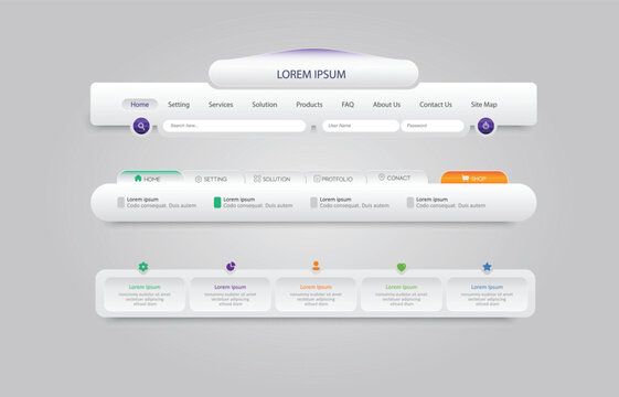 Vector illustration of navigation menu. Horizontal vector menu. UI element. Web Design Menu Navigation Bar Website Header Element Glossy and Matte.