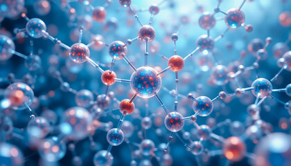 Microscopic rendering of molecular bonds in a futuristic chemical visualization scene.