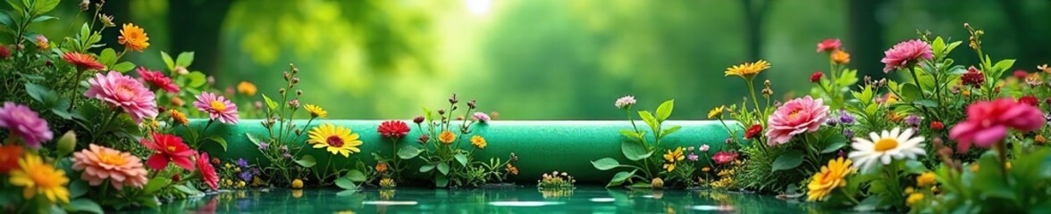 Vibrant green pipe bursts with summer blooms, overflowing with colorful flowers and lush foliage, creating a whimsical, garden-esque scene , sunshine, abundant, floral pipe