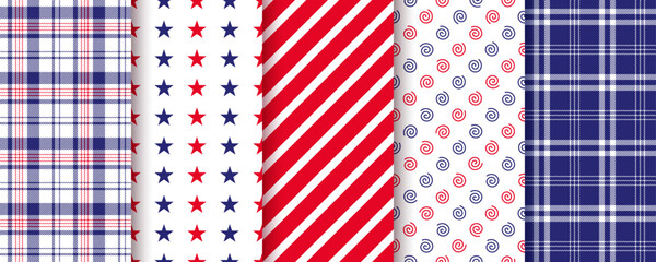 American backgrounds. 4th July seamless pattern. Patriotic prints. Set of Happy independence day textures. USA flag backdrops with stripes and stars. Blue red geometric ornament. Vector illustration.
