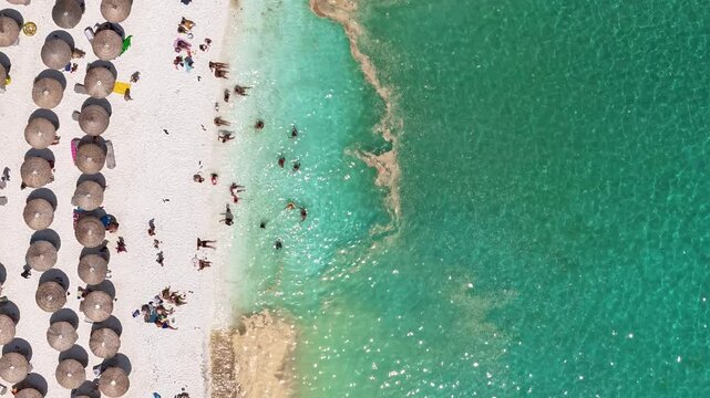 greece thassos marble beach 4k aerial footage time lapse people look like bacteria and plankton and mucilage in the sea approaching land over time marine pollution global warming