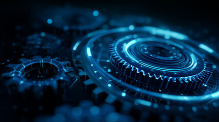 Futuristic digital gear mechanism concept illustration of engineering and technological innovation