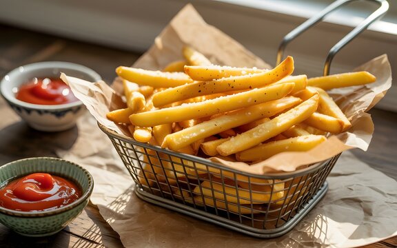 Crispy handcut fries in rustic basket beside glossy ketchup in white bowls with inviting soft light and realistic texture