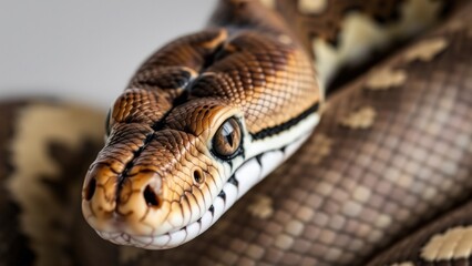 Obraz premium A detailed close-up of a snake, highlighting its intricate scales, piercing eyes, and unique textures. The mesmerizing patterns and vibrant colors create a striking and captivating visual.