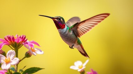 Obraz premium A hummingbird mid-flight, wings beating rapidly as it hovers near a flower. Its iridescent feathers shimmer in the sunlight, capturing the beauty and precision of nature’s tiniest aviator.