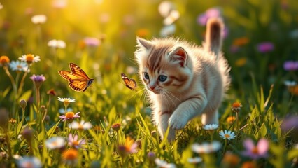 A playful kitten pounces through a sunlit meadow, chasing a delicate butterfly. The vibrant scenery and soft fur capture a heartwarming moment of curiosity, energy, and the beauty of nature.