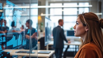 focused woman interacts with futuristic digital data interfaces on transparent screens in a sleek modern workspace. glowing visuals and high-tech environment showcase innovation, advanced technology.