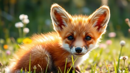 A curious red fox cub sits in lush green grass, its bright fur and alert eyes reflecting youthful energy. Surrounded by nature, it embodies the innocence and beauty of wildlife in its early stages.