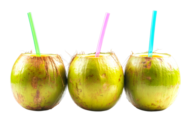 Refreshing coconut drinks with colorful straws tropical ambience close-up view isolated on transparent background