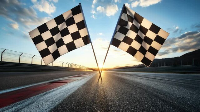 Two checkered flags standing at the finish line of a race track