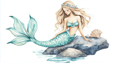 Beautiful mermaid sitting on rock in underwater watercolor scene