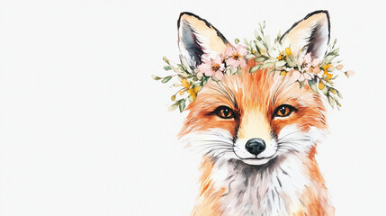 Obraz premium Fox with flower crown in watercolor illustration