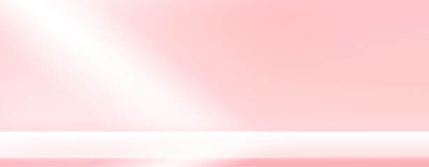 Fototapeta premium Pink gradient background with windows sunlit. Light neutral walls in the room. Minimal scene with table in pastel colors. Template with empty desk for makeup presentation. Vector banner illustration.