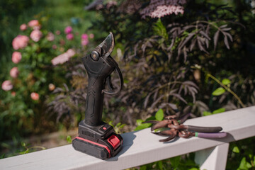 Garden electric pruner or battery pruner. A tool for pruning plants with a rechargeable battery.