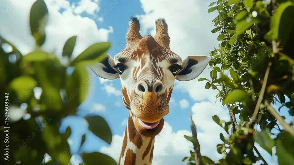 Poster close-up shot of a giraffe looking directly into the camera