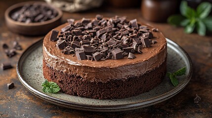 Rich chocolate mousse cake, layered on a chocolate base, garnished with chocolate shavings and mint