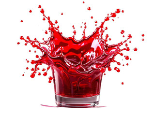 Red liquid splashing out of a glass cup against a black background in a dynamic composition