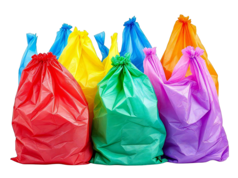 A group of colorful plastic bags gathered together against a black background in a studio setting
