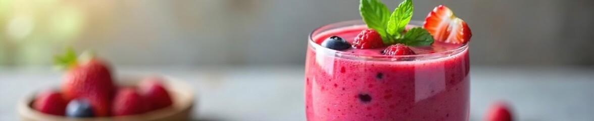 Refreshing fruit smoothie in a glass, garnished with fresh berries and a sprig of mint Perfect for a healthy breakfast or snack Vibrant colors and delicious texture , beverage, strawberry
