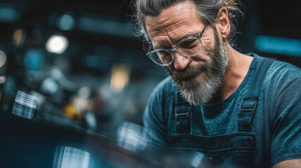 A skilled technician in a busy workshop proudly shows off his ASE certification while concentrating on his work. The brightly lit area enhances the impressive setting of automotive expertise.