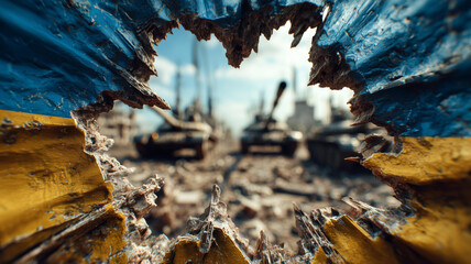 Ukrainian flag symbolizes resilience amid conflict and destruction