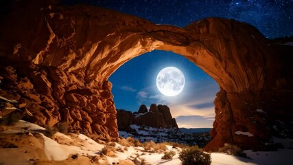 Magnificent full moon shines through natural stone arch, night sky twinkling with stars above snowy desert landscape, scenic rock formation and arid terrain - Powered by Adobe